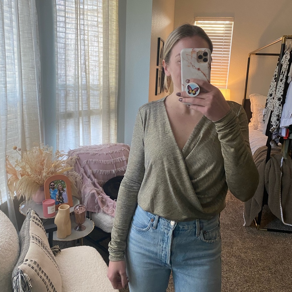 Womens Gold Metallic Drape Front Top View 5